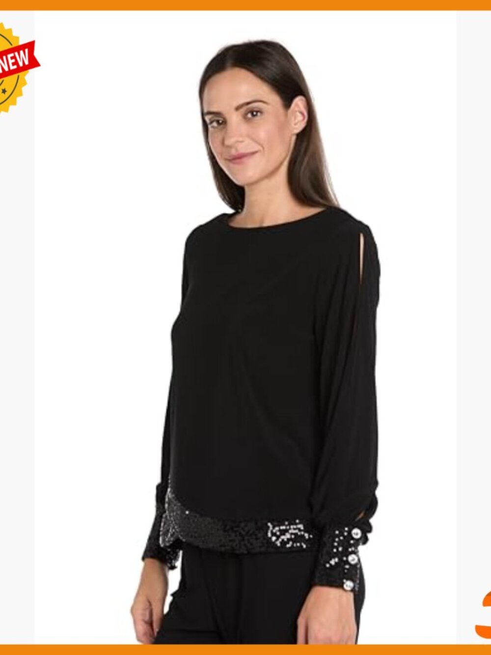 Long Sleeve Blouse with Sequin Trim & Rhinestone Buttons, Split Sleeve Design - Picture 2 of 5